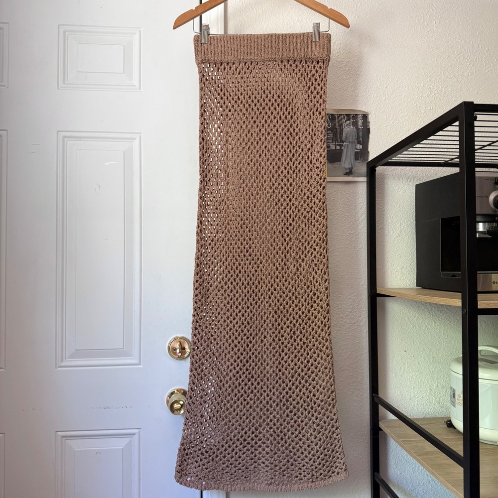 MONDAY SWIMWEAR tan crochet ope knit cover up beach pull on bodycon maxi skirt